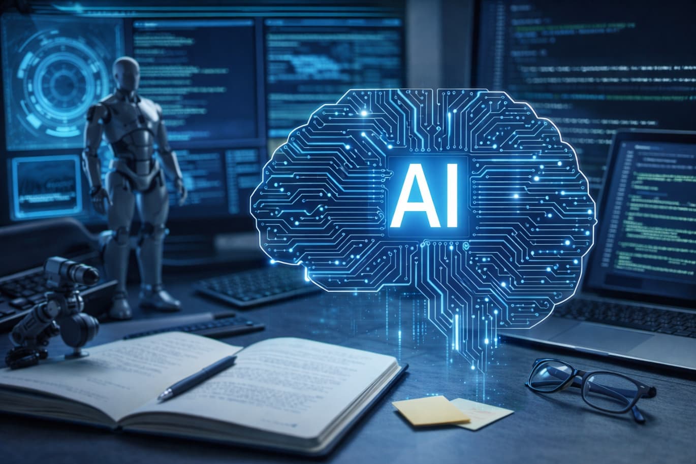 ein Roboter und ein KI-Gehirn