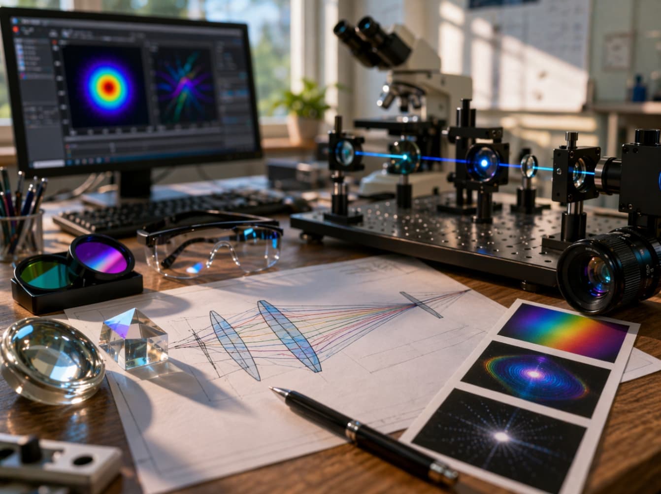 Ein Arbeitsplatz mit Geräten für die Optiktechnik