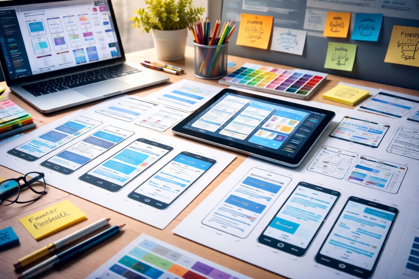 App-Designs auf Papier und ein Tablet